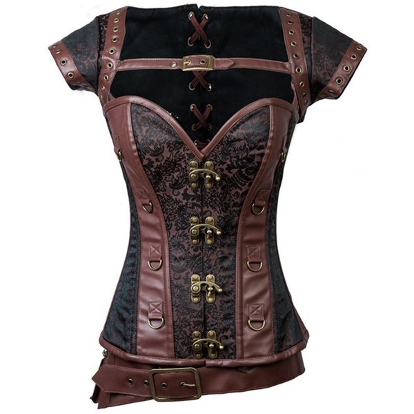 

4 pcs set steampunk corset gothic women vintage retro corselet lace up bustiers korset leather plus size buckle gorset top, Black;white