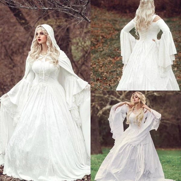 

2020 vintage gothic wedding dresses satin lace a line sweep train bohemian wedding dress custom made long sleeve bridal robes de mariÃ©e, White