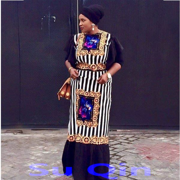 Новая мода Bazin Print Pathiki Yamadou Эластичный рукав Свободный стиль Традиционное Африканское Платье для Женщин