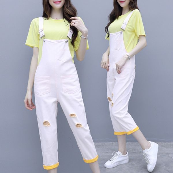 

kawaii white ripped jeans overalls for women yellow fashion two piece set korean loose clothes 2019 jumpsuit ladies