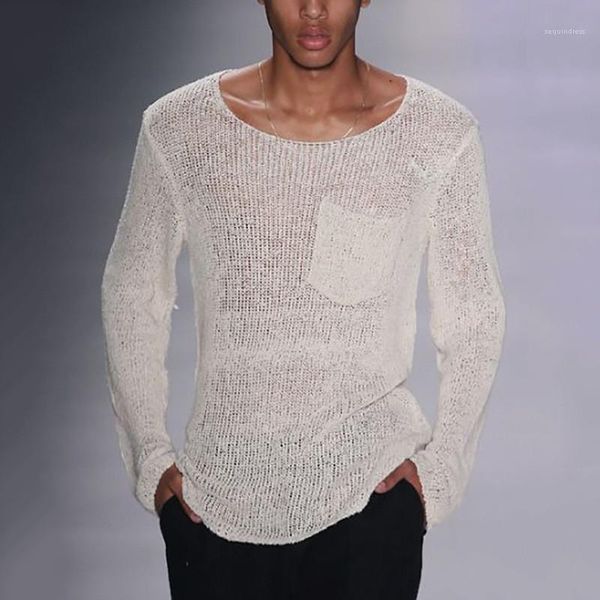 

mens knitting mens designer see through knits fashion solid color round neck tees with pockets, White;black