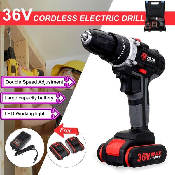 

36v electric cordless drill double-speed adjustment led lighting electric drill household tool set woodworking power