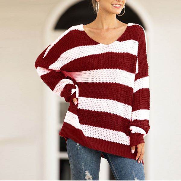 

casual off the shoulder sweaters for women knitting v neck striped sweater loose pull femme long sleeves pullover autumn winter, White;black