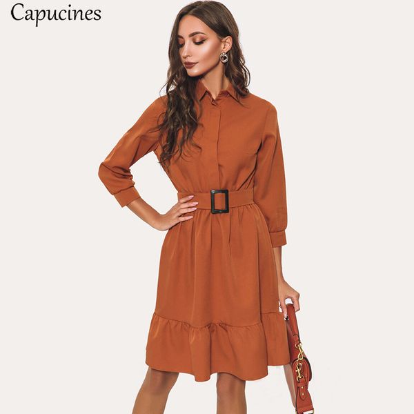 

мода кирпич красный платье женщин осень оборками пояс отложным воротником мини платье 3/4 рукава повседневные платья зеленый бежевый vestido, Black;gray