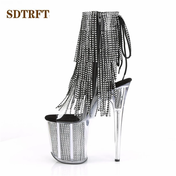 

boots sdtrft stilettos 20cm thin heels ankle transparent platforms shoes woman rhinestone tassels botas mujer sequined pumps, Black