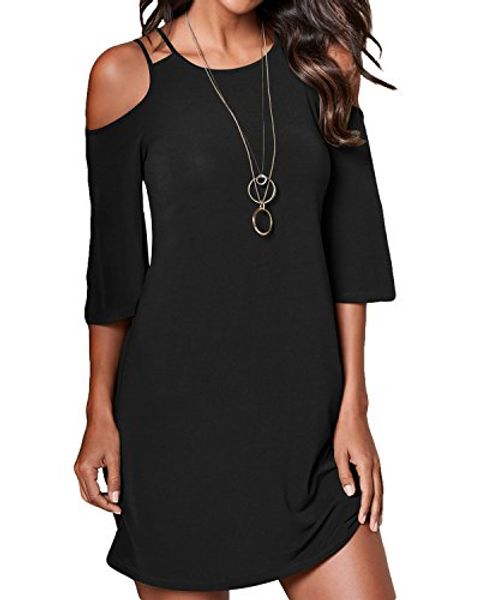 

ezbelle women's summer cold shoulder dresses ruffled sleeve loose swing t-shirt dress, Black;gray