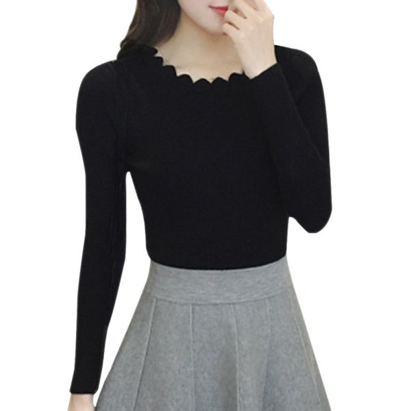 

women sweater pullovers slim thread bottoming lace low o-neck solid color sleeve long sleeve sweater female fashion top, White;black