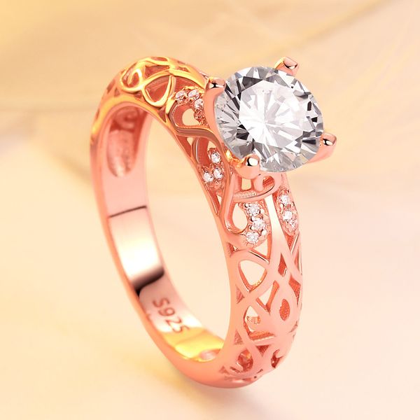 

solid 925 sterling silver sparkling cz wedding rings for women rose gold s925 silver hollow out ring jewelry, Slivery;golden