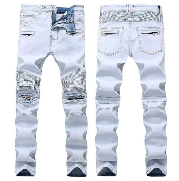 

pleated autumn men ripped jeans slim fit denim pants tiedye jeans men pleated motorcycle biker jeans hip hop strech for man regular, Blue