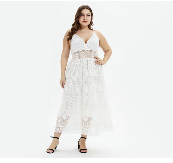 

Womens Summer Lace V Neck Dresses Sexy Female Plus Size Clothing Asymmetrical Sashes Fashion Ankle Length Casual Apparel