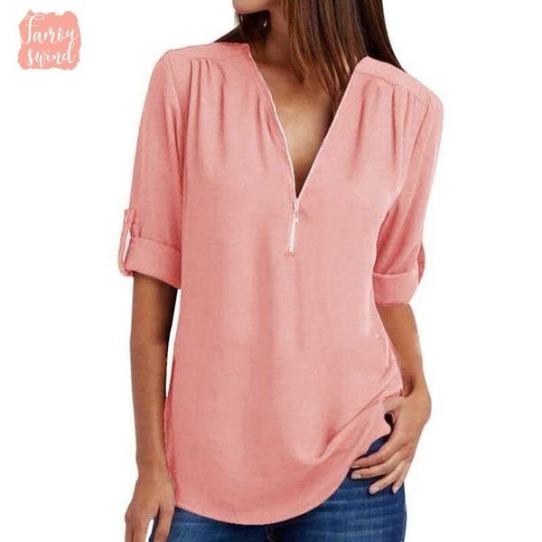 

spring casual ladies shirt cap sleeve loose stand collar zipper shirt long sleeve fashion comfortable chiffon shirt large size, White
