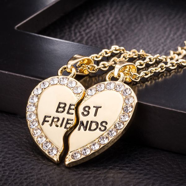 

lovely 2pcs per set couple heart pendant necklace rhinestone friends engraved pendant friendship necklace for women girls, Silver