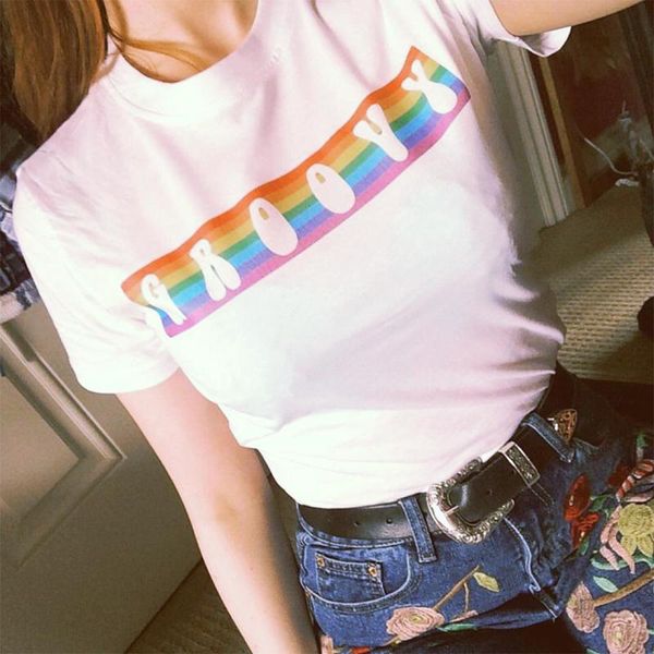 

women's t-shirt vintage 70s groovy shirt plus size cotton rainbow tee graphic boho festival short sleeve white print hipster t