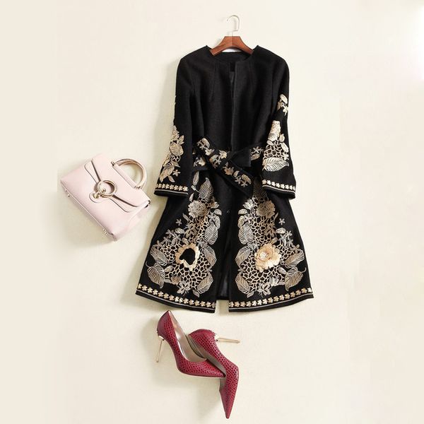 

new winter dress europe and the united states heavy gold thread embroidery coat style, Black