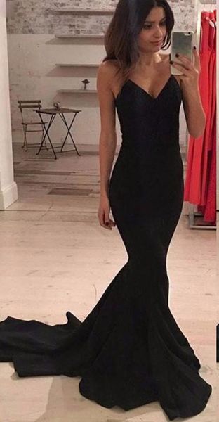

black deep v neck long mermaid prom dress 2019 simple spaghetti strap sweep train zipper back evening gowns