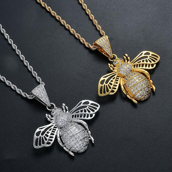 

brass zircon bee pendants necklace party gift hip hop jewelry cn176, Silver