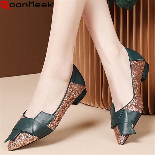 

moonmeek 2020 summer new arrive fashion women flats comfortable genuine leather shoes woman flat heel pointed toe ladies shoes, Black