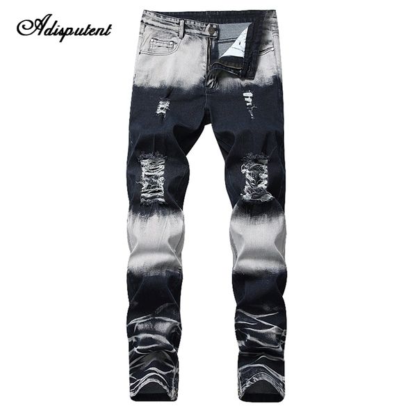 

adisputent 2019 mens straight jeans distressed denim biker ripped slim fit whitening jeans hole tapered leg fashion trousers, Blue