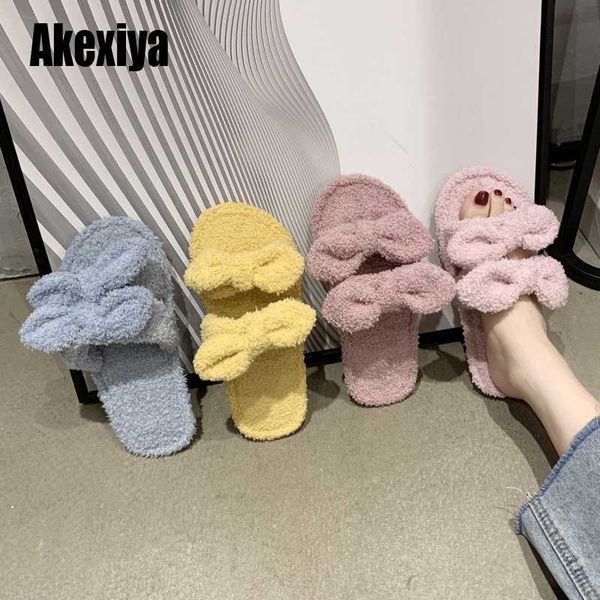 

women home slippers winter warm shoes woman slip on flats slides female bow-knot fur slippers plus size 36-41 u288, Black