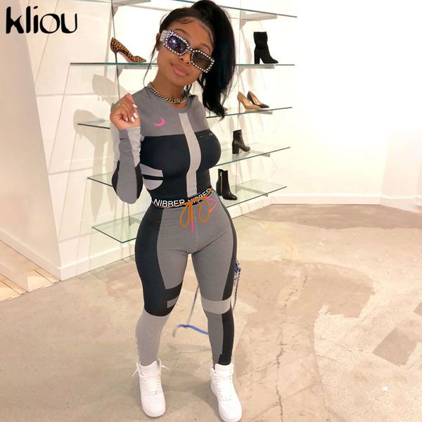

kliou women fitness two pieces set tracksuit long sleeve crop letters print elastic skinny leggings sportswear slim outfit v191021, White