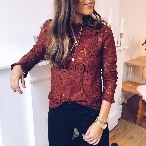 

beforw lace hollow out perspective blouse shirt 2019 women elegant flare sleeve white blouses casual floral blusas