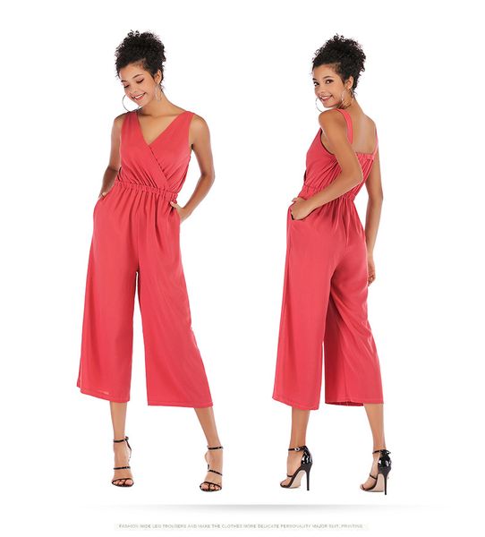 

young viva 2019 women sleeveless v-neck high waist solid color loose jumpsuit yb169, Black;white