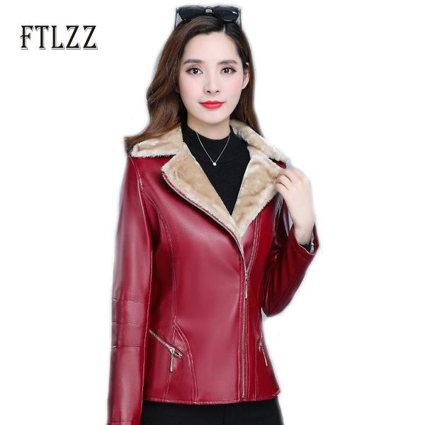 

2019 new winter warm leahter jacket women slim turn-down collar red faux leahter coat ladies plus size 6xl wool liner outwear, Black