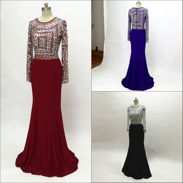 

sparkly crystals long sleeve dresses evening wear chiffon long 2020 scoop zipper mother of the bride prom gowns special occasion dress women, Black;red