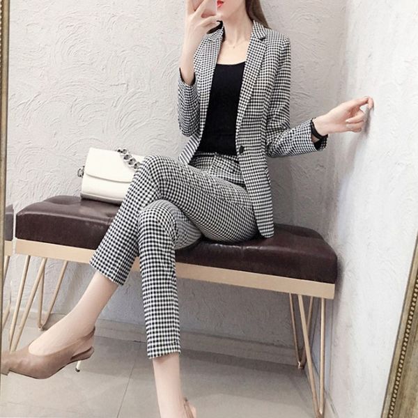 

women's suits & blazers suit 2021 autumn casual fashion temperament slim plaid single buckle small trousers two-piece, White;black