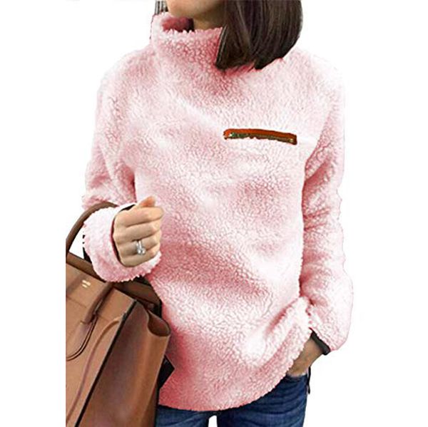 

fleece women blouse solid zippers turtleneck blouse sweatshirt pullover shirt loose long sleeve elegant female, White