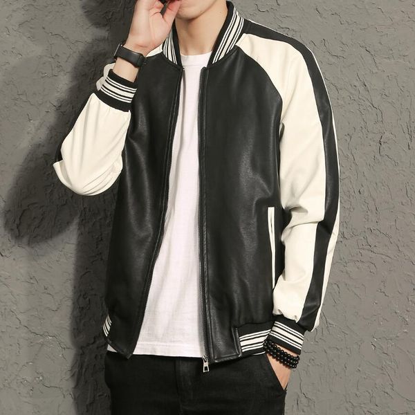 

m-5xl spring and autumn splice color leather jacket men large size baseball uniform handsome motorcycle pu leather jackets coat, Black