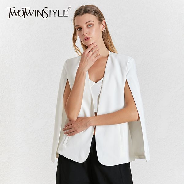 

twotwinstyle side split elegant women's blazer v neck long sleeve solid loose autumn cloak blazers female fashion 2019 tide, White;black