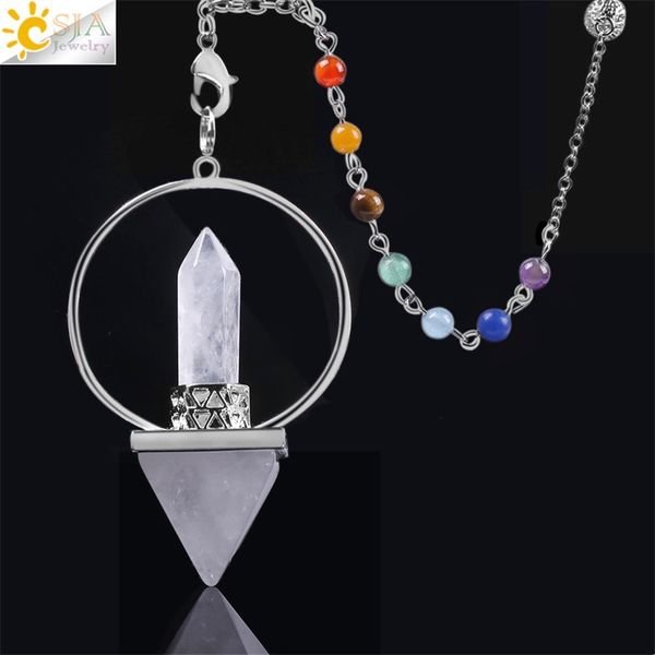 

reiki healing 7 chakra natural stone pendulum for dowsing hexagonal prism pyramid white pink crystal obsidian pendants, Silver