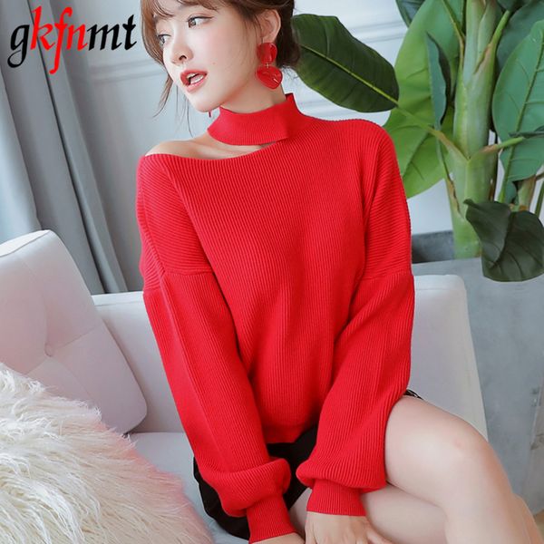 

women's sweaters gkfnmt fashion pullover full sleeve solid knitted women off shoulder slash neck jumper design thick casual loose, White;black