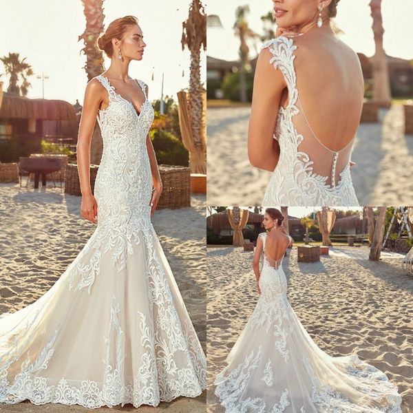 2019 Eddy k Beach Abiti da sposa a sirena Scollo a V Bianco Boho Abiti da sposa da sposa abiti da sposa Backless Abito da sposa in cristallo corto