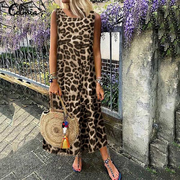 

2020 leopard print long maxi sundress celmia women sleeveless summer dress vintage pleated ruffles shirt beach vestidos 5xl, Black;gray