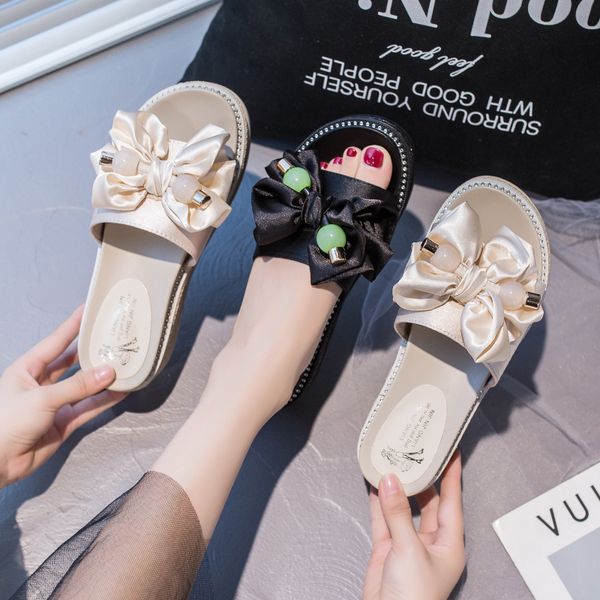 

flat shoes female slippers women summer heeled mules butterfly-knot slides platform pantofle heels 2020 pu, Black