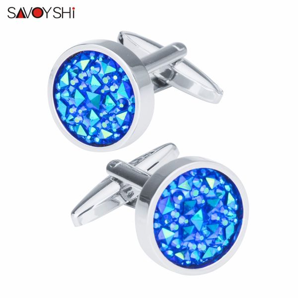

savoyshi fashion blue crystal cufflinks for mens shirt accessories round cuff buttons wedding gift jewelry, Silver;golden