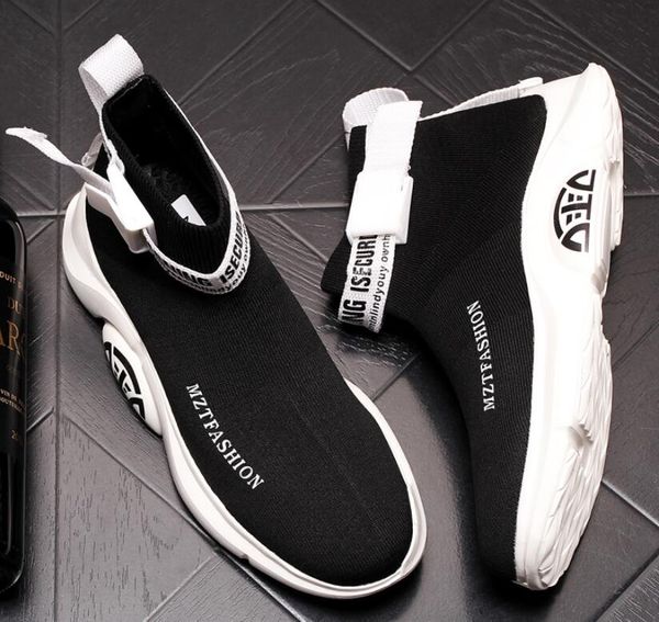 

summer men casual shoes men's high knit stretch socks shoes hip hop trend men's shoes mesh men's sneakers youth ankle boots, Black