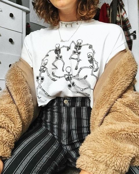 

Kuakuayu Hjn Женская футболка для танцев со скелетом Tumblr Grunge Эстетическая белая футбол