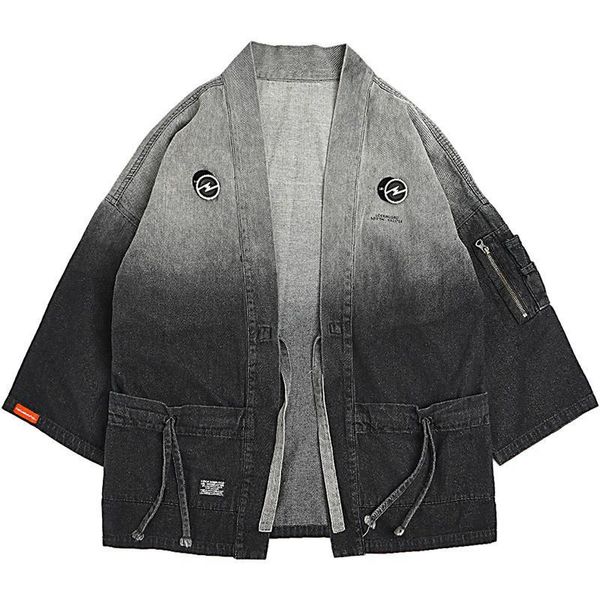 

sifan 2019 japanese kimono jacket gradient color hip hop men denim jacket streetwear harajuku japan style cardigan jacket jean vintage, Black;brown