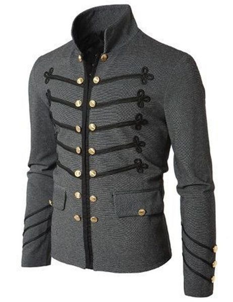

gothic designer mens outerwear vintage steampunk men rock jacket solid casual uniform military coat metal man punk xxdcj, Black