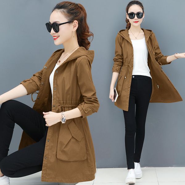

2019 autumn thin trench coat women spring causal long sleeve with hood medium long outerwear female windbreaker casaco feminino, Tan;black