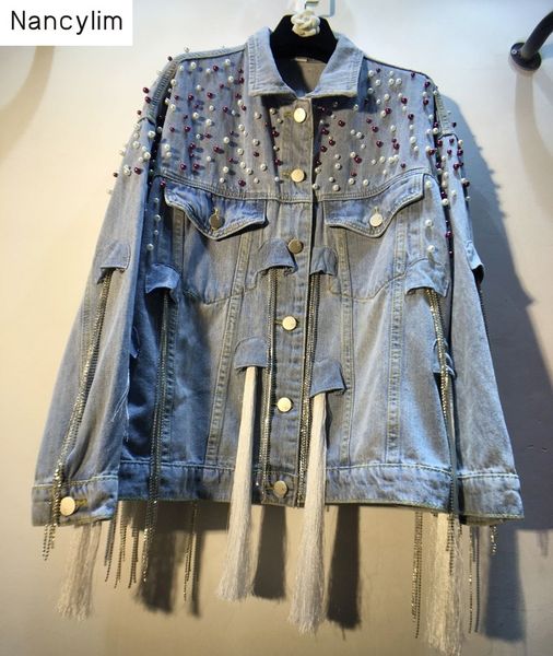 

2019 autumn denim jacket for women european streetwear new heavy duty beaded diamond tassel loose denim coat girl lady jackets, Black;brown