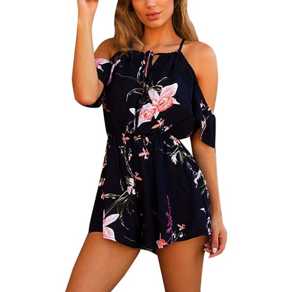 

feitong women playsuit summer cold shoulder v-neck short sleeve floral printed party beach playsuits jumpsuit overalls 2019, Black;white