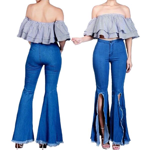 

women's jeans casual slim stretchy denim waist jeans oversized long flare pants light blue trousers for women split flared pants