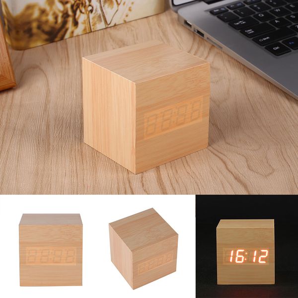

simple cube click clock gift alarm-led display wood sound activated home decor