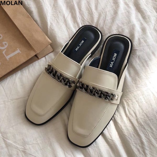 

molan 2019 spring luxcry metal chain square toe woman flat leather slides slip on loafers mules flip flops casual, Black
