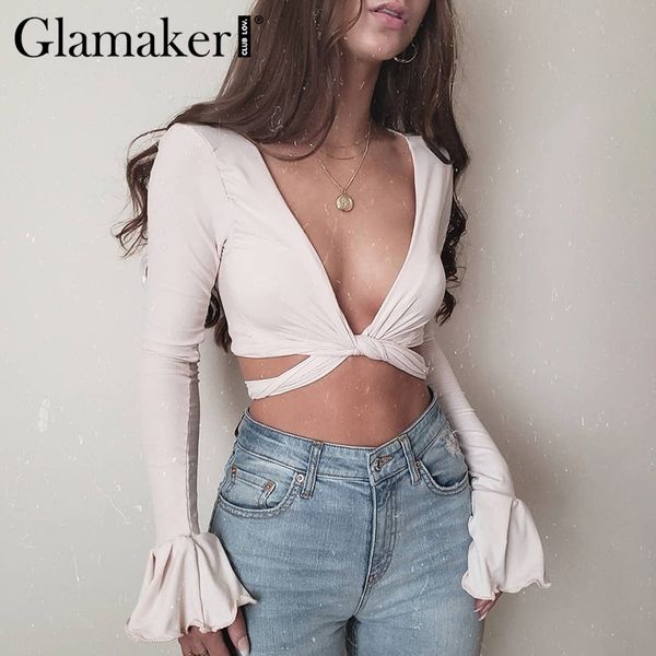

glamaker deep v neck crop women lace up flare long sleeve shirt female spring summer nightclub bodycon bandage blouse, White