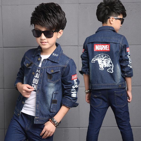 

children outwear 4-13t kids jacket spring autumn children jeans coat boys denim outerwear kids clothing boy clothes bear printed, Blue;gray